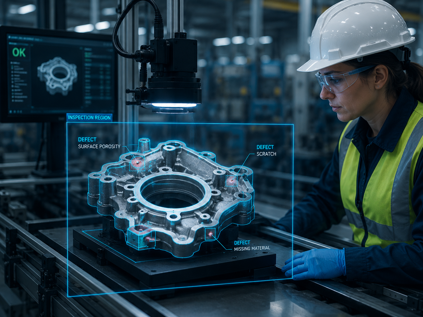 Visual quality inspection of industrial part with defect detection overlays