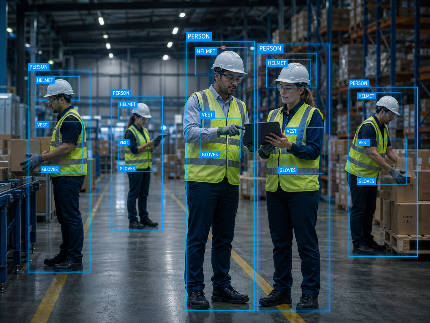 PPE detection in warehouse with helmets, vests and gloves
